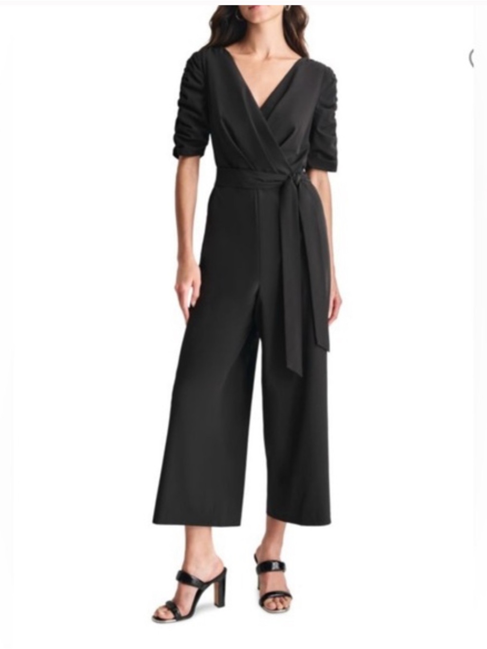 DKNY Short Sleeve Jumpsuit Womens Size 12 Black Wide Leg Workwear Chic